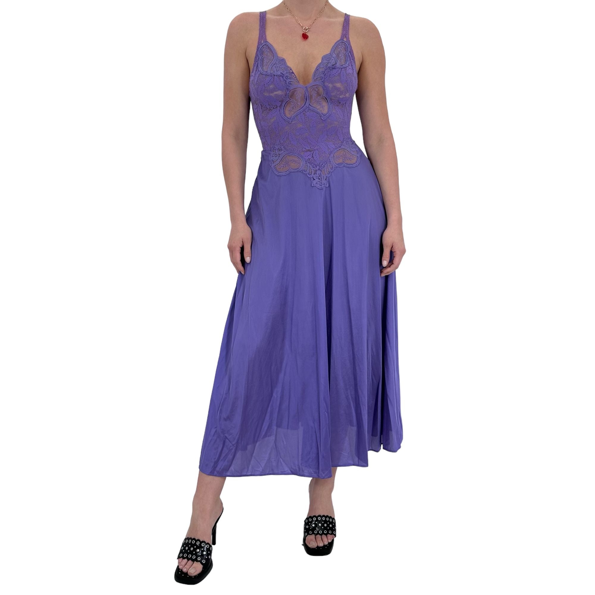 90s Rare Vintage Purple Satin Maxi Slip Dress [S]