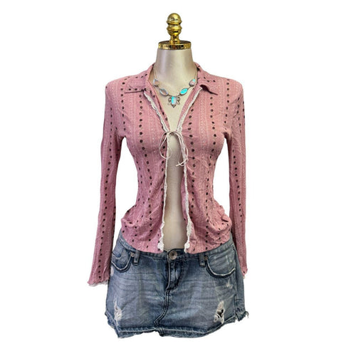 90s Vintage Pink Ivory Lace Trim Flowers Top [L]