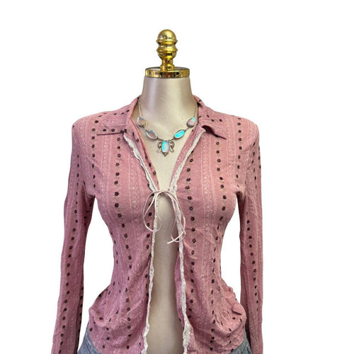90s Vintage Pink Ivory Lace Trim Flowers Top [L]