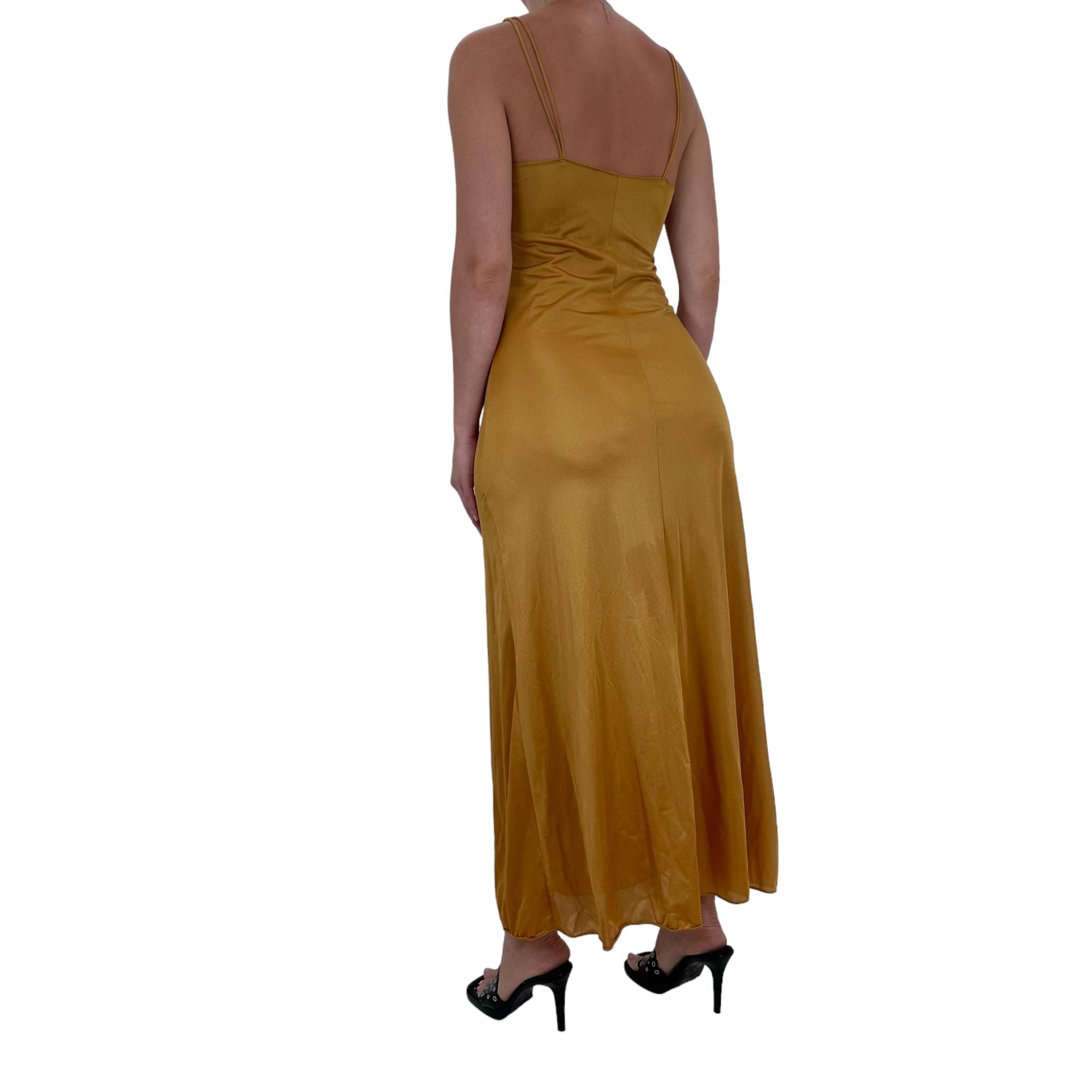 90s Vintage Gold V-Neck Maxi Dress [S, M]