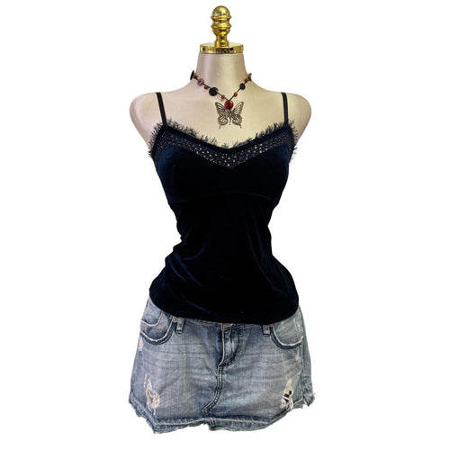 90s Vintage Navy Blue Velvet Bedazlle Top [S]