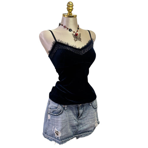 90s Vintage Navy Blue Velvet Bedazlle Top [S]