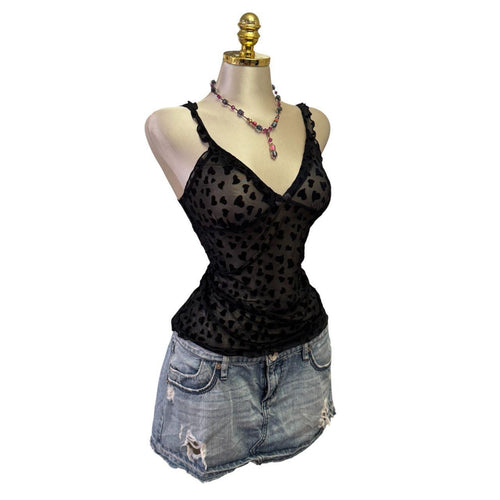 90s Vintage Black Velvet Heart Top [S][S]