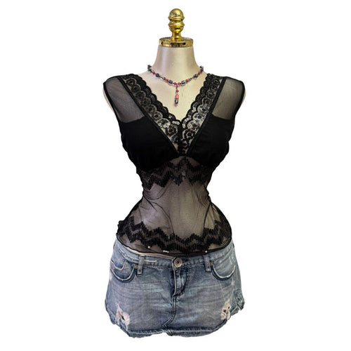 Y2K Vintage Black Mesh Sequin Top  [M]