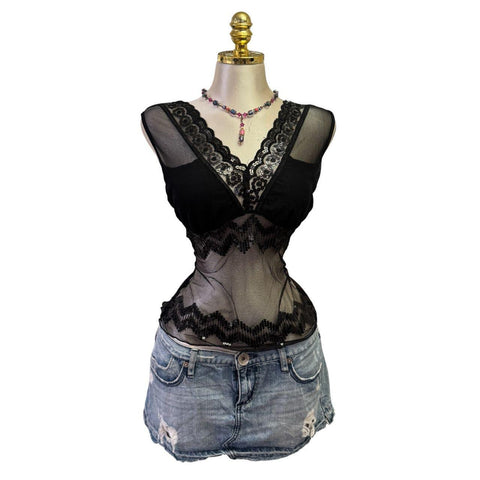 Y2K Vintage Black Mesh Turtle Neck Top [M]