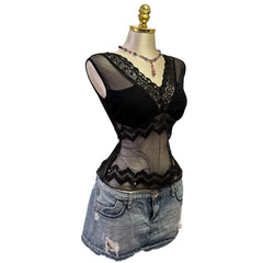 Y2K Vintage Black Mesh Sequin Top  [M]