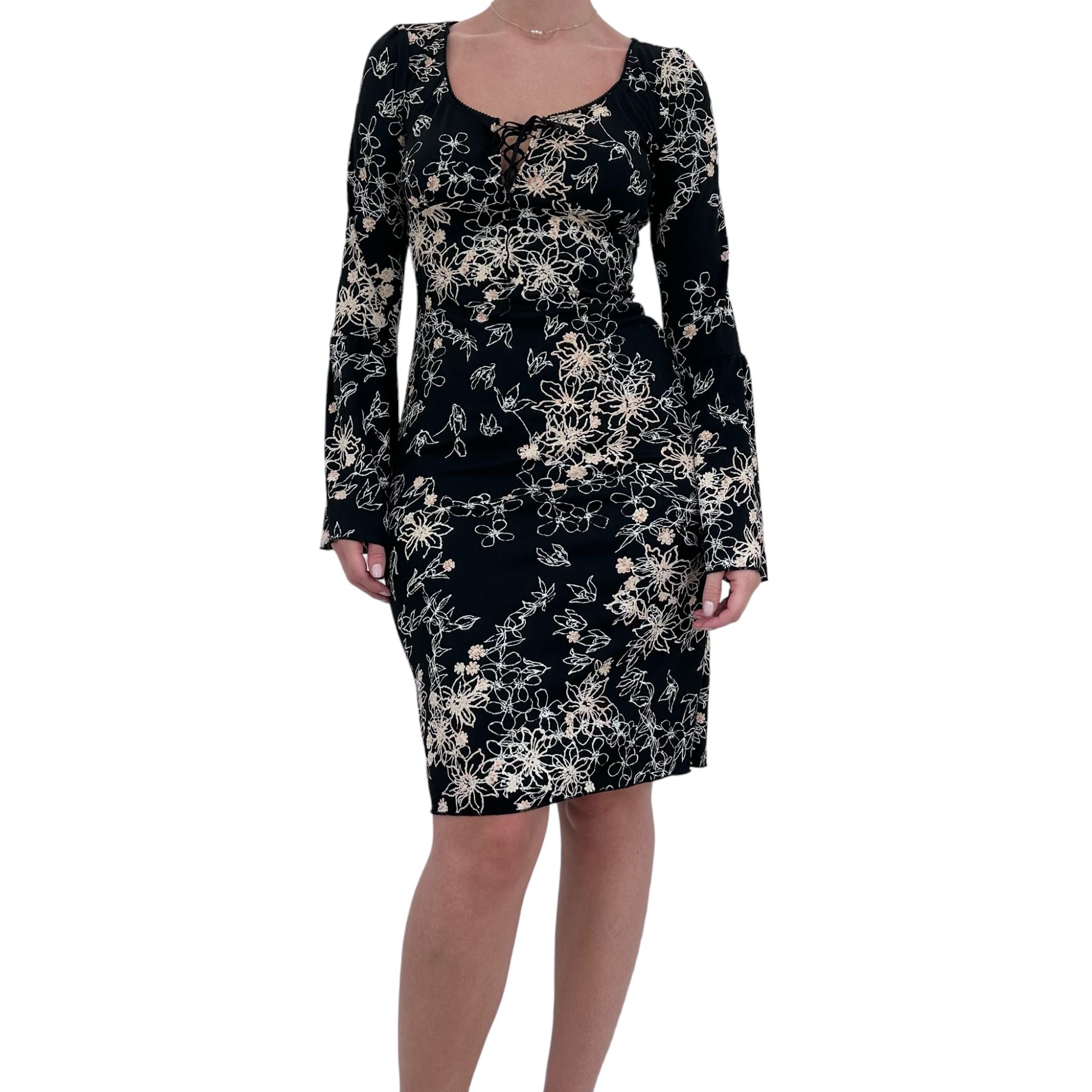 Y2k Vintage Black White + Beige Floral Long Sleeves Dress [M]
