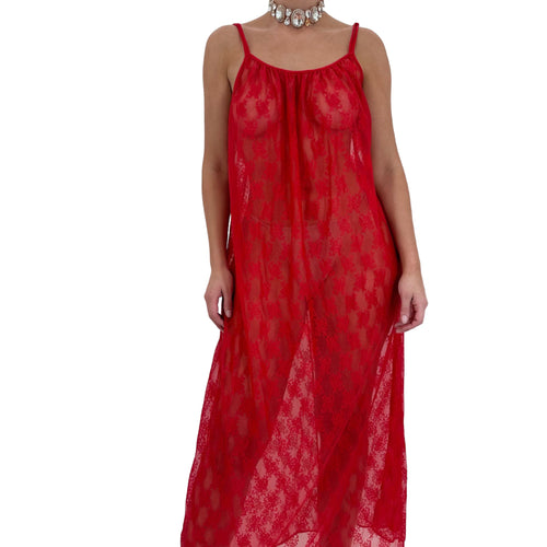 90s Vintage Red Floral Sheer Slip Maxi Dress [M-L]