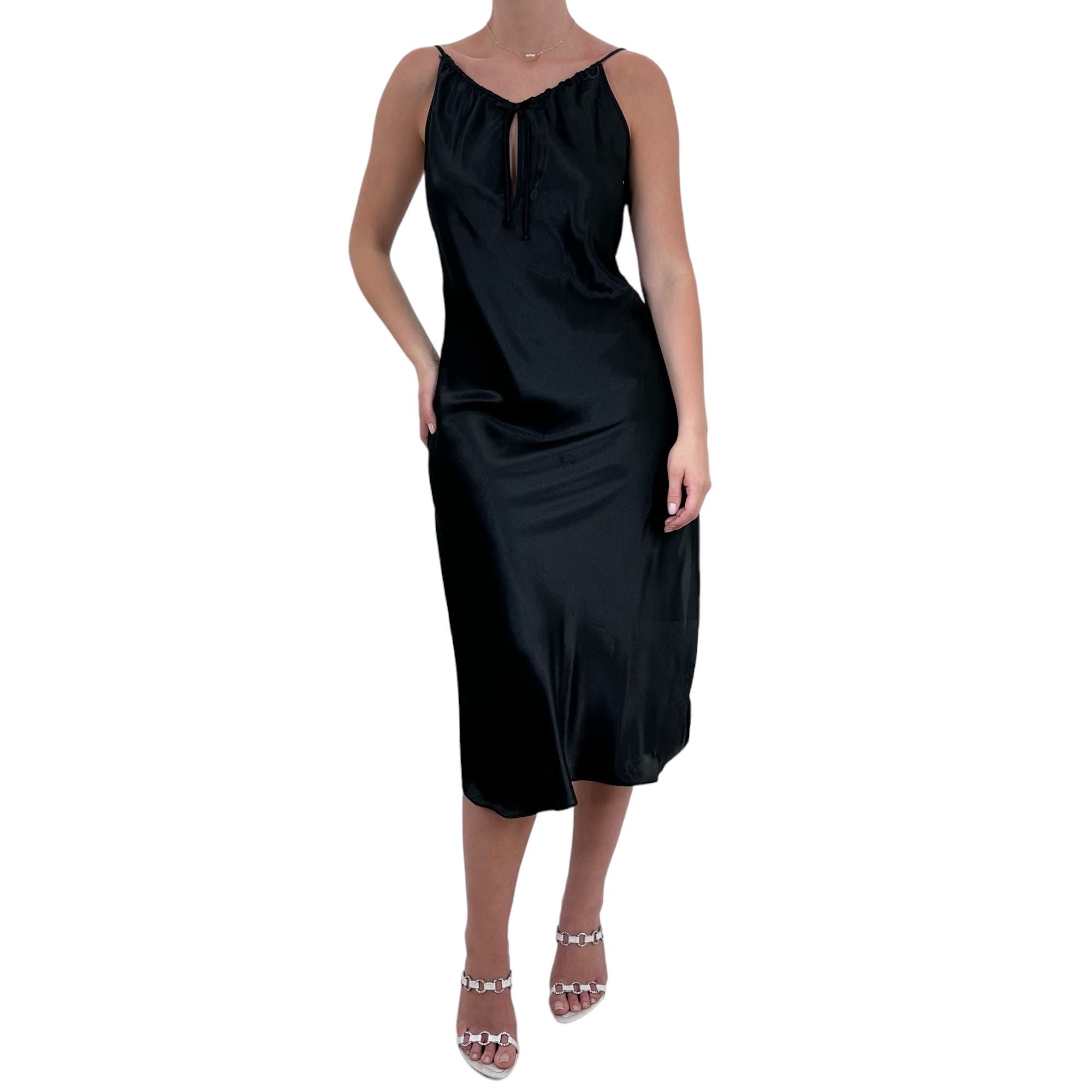 90s Vintage Black Satin Midi Slip Dress [M]