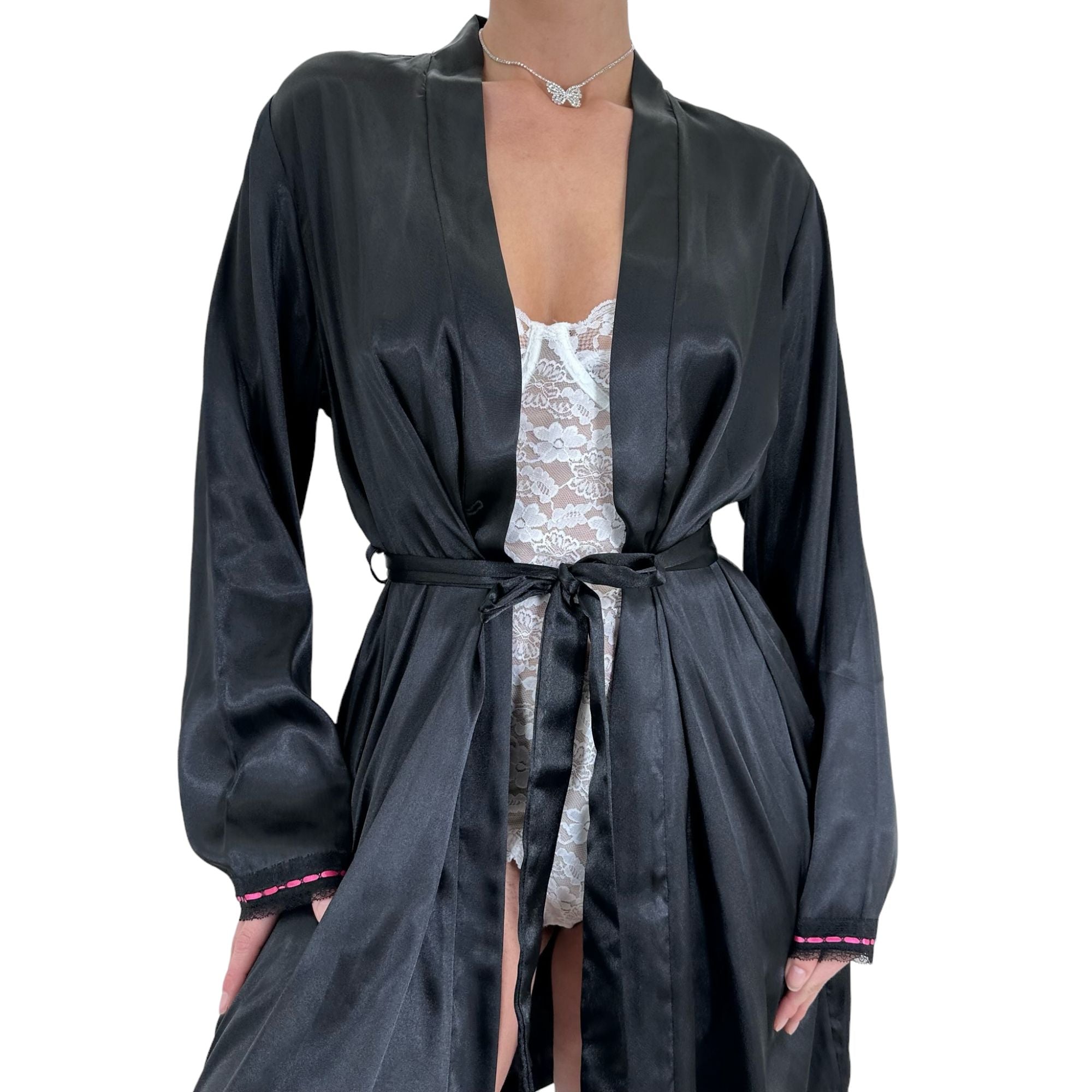 90s Vintage Black Satin Robe [L]