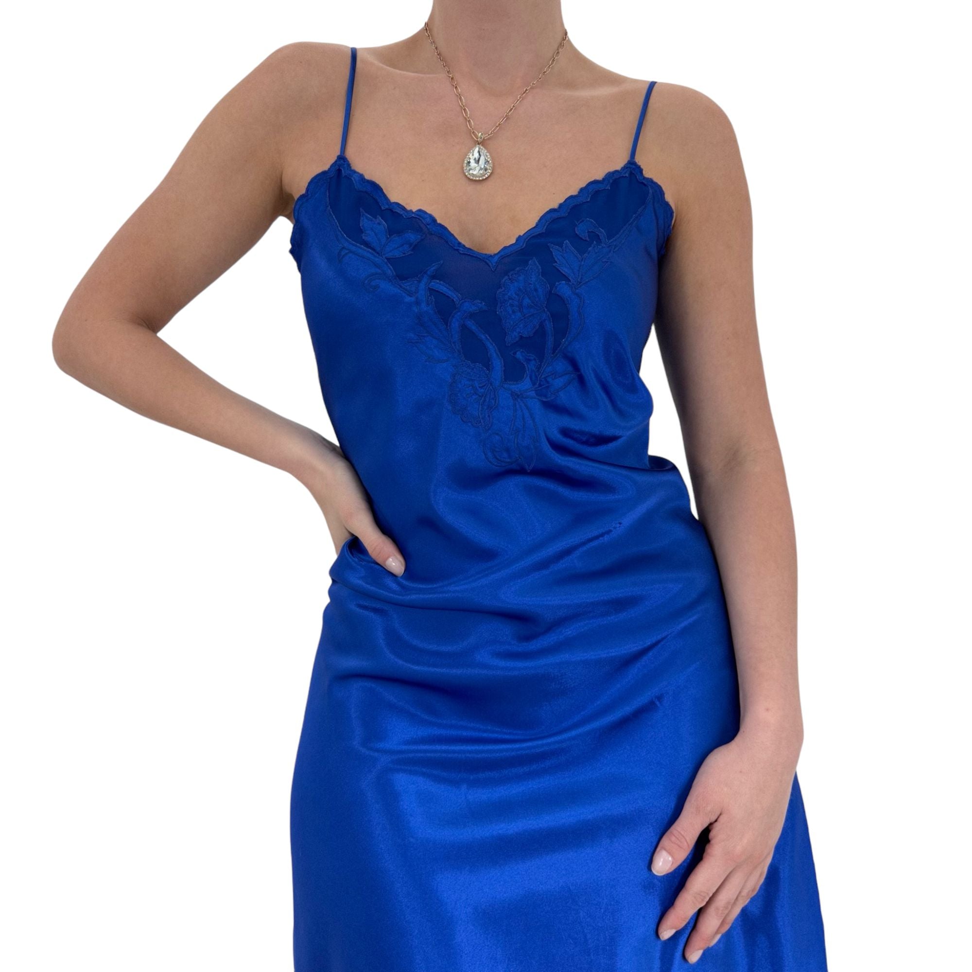 90s Vintage Royal Blue Satin Slip Dress [L]
