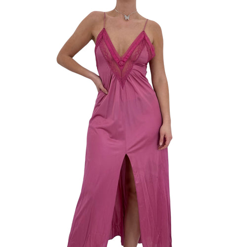 90s Vintage Pink Front Slit Maxi Slip Dress [S-M]