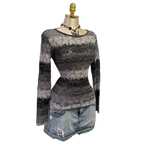 Y2K Vintage Gray Striped Floral Lace Top [M]