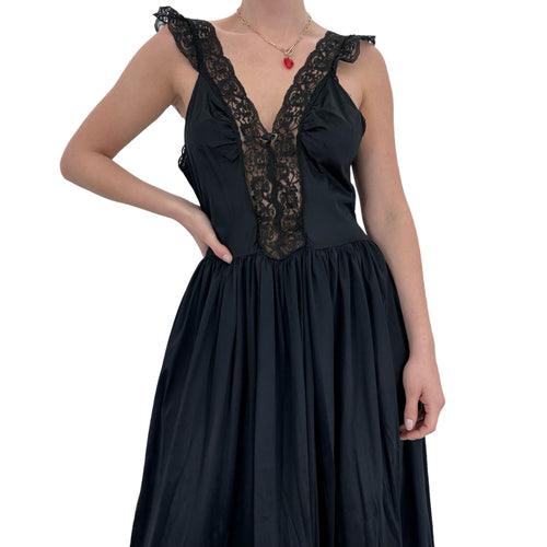 90s Vintage Black Satin Lace Maxi Slip Dress [M]