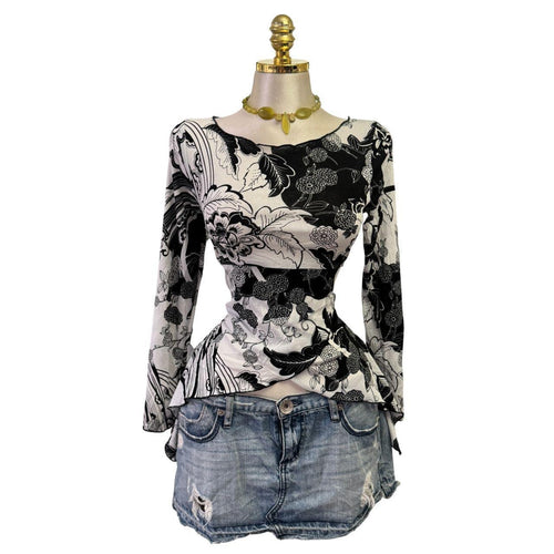 90s Vintage Black White Floral Top [L]