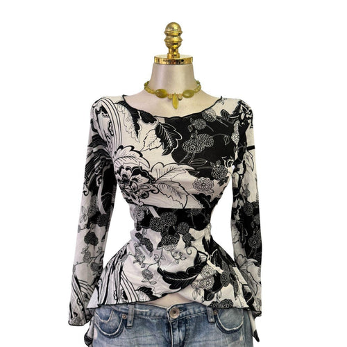 90s Vintage Black White Floral Top [L]