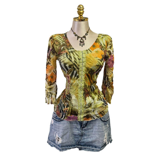 90s Vintage Green Sequin Floral Mesh Top [L]