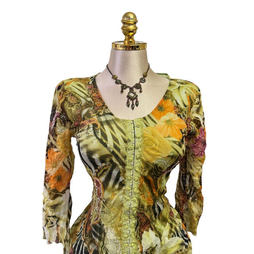 90s Vintage Green Sequin Floral Mesh Top [L]