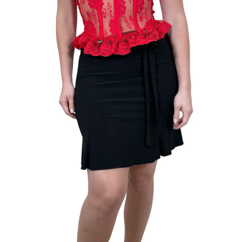 Y2k Vintage Black + Red Rose Print Sheer Bodysuit w/ Black Floral Lace Trim [L]