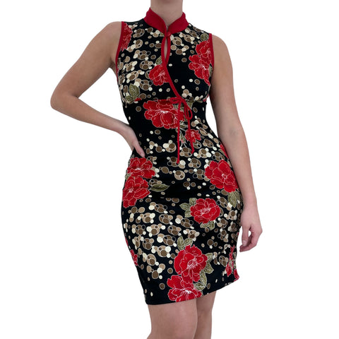 Y2k Vintage White Red + Black Floral Cheongsam Dress [L]
