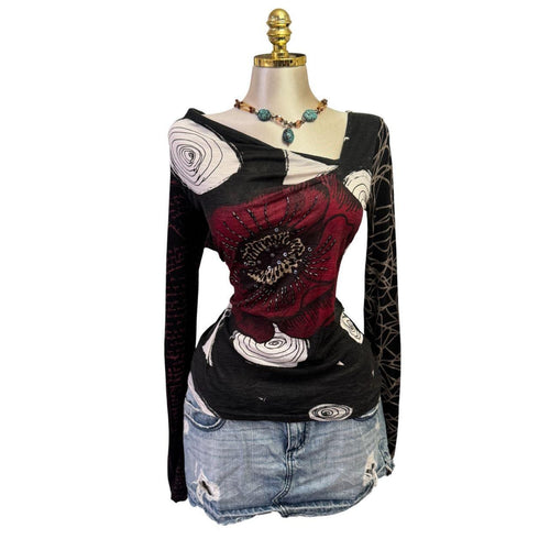 Y2K Vintage Desigual Red Black Beaded Sequin Asymmetrical Neck Top [S]