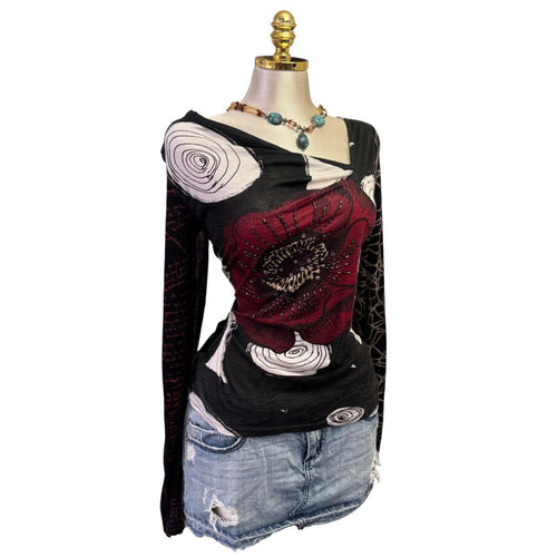 Y2K Vintage Desigual Red Black Beaded Sequin Asymmetrical Neck Top [S]