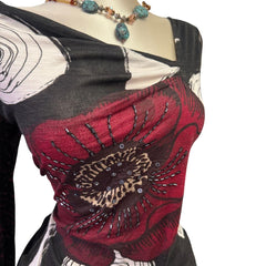 Y2K Vintage Desigual Red Black Beaded Sequin Asymmetrical Neck Top [S]