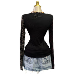 Y2K Vintage Desigual Red Black Beaded Sequin Asymmetrical Neck Top [S]