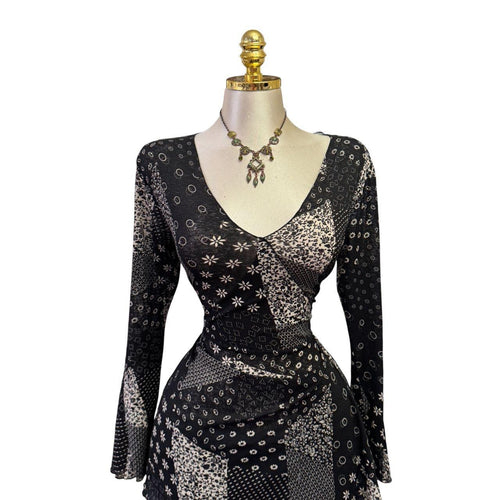 90s Vintage Black White Floral Asymmetrical Hem Top   [L]