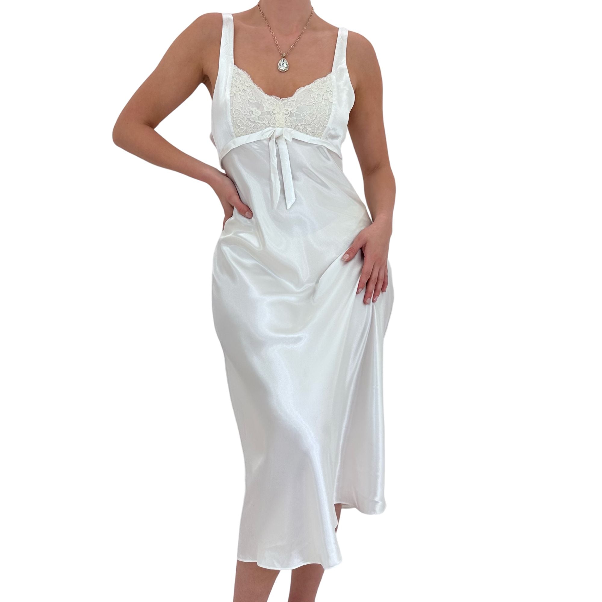 90s Rare Vintage White Satin Slip Dress [M]