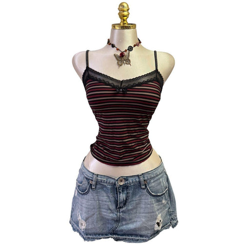 90s Vintage Black Red Striped V-neck Tank Top [XS]