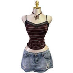 90s Vintage Black Red Striped V-neck Tank Top [XS]