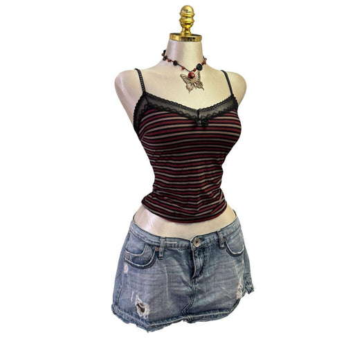 90s Vintage Black Red Striped V-neck Tank Top [XS]
