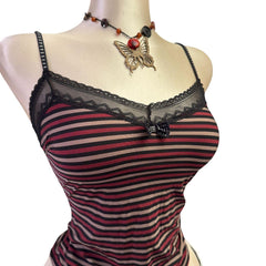 90s Vintage Black Red Striped V-neck Tank Top [XS]