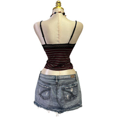 90s Vintage Black Red Striped V-neck Tank Top [XS]