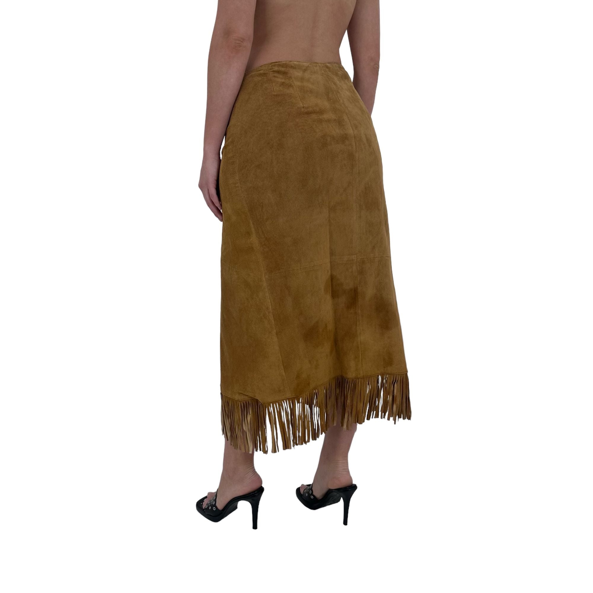 Y2k Vintage Camel Brown Fringe Maxi Skirt [M]