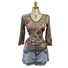 90s Vintage Gray Leopard Red Rose Top [L]