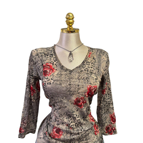 90s Vintage Gray Leopard Red Rose Top [L]