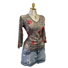 90s Vintage Gray Leopard Red Rose Top [L]