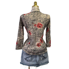 90s Vintage Gray Leopard Red Rose Top [L]
