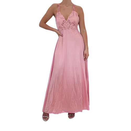 90s Vintage Pink Floral Lace V-Neck Maxi Dress [M]