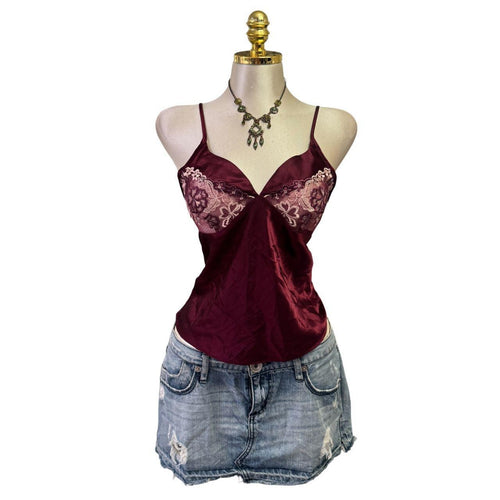 90s Vintage Burgundy Satin Floral Tank Top [L]