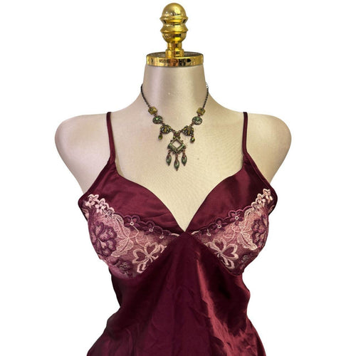 90s Vintage Burgundy Satin Floral Tank Top [L]
