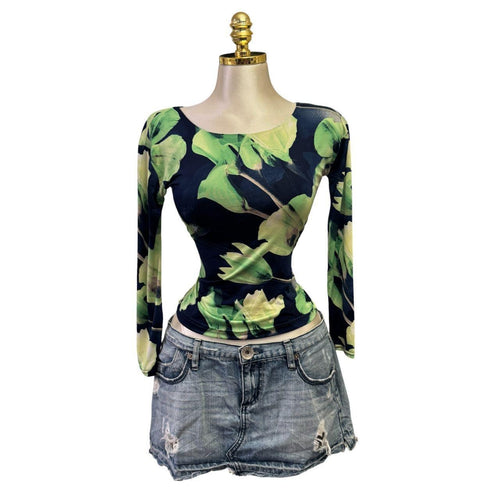 Y2k Vintage Bassini Black Green Floral Long Sleeve Top [S]