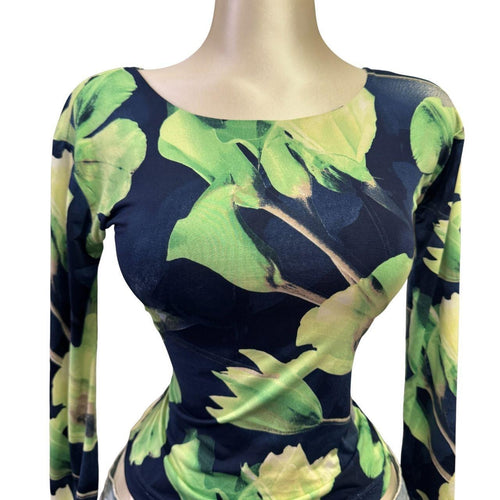Y2k Vintage Bassini Black Green Floral Long Sleeve Top [S]