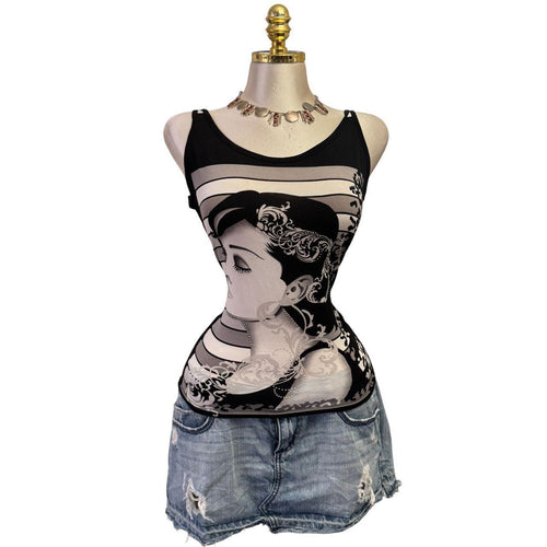 Y2K Vintage Black White Sequin Art Work Top [M]