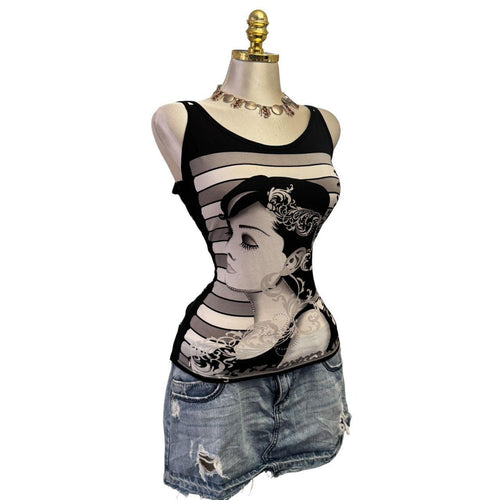 Y2K Vintage Black White Sequin Art Work Top [M]