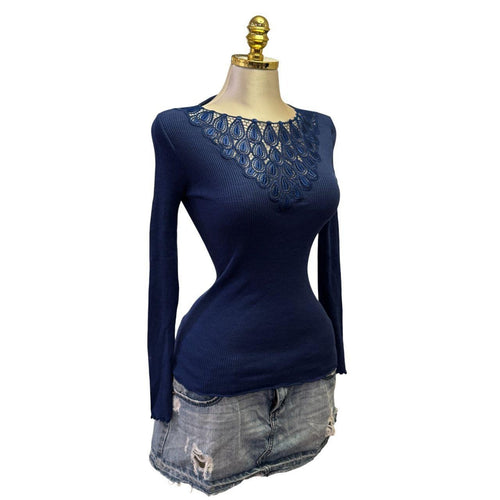 90s Vintage Blue Knit Pattern Neck Top [S]