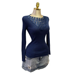 90s Vintage Blue Knit Pattern Neck Top [S]
