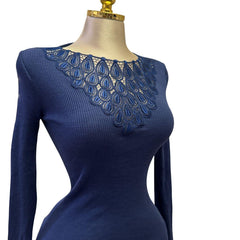 90s Vintage Blue Knit Pattern Neck Top [S]